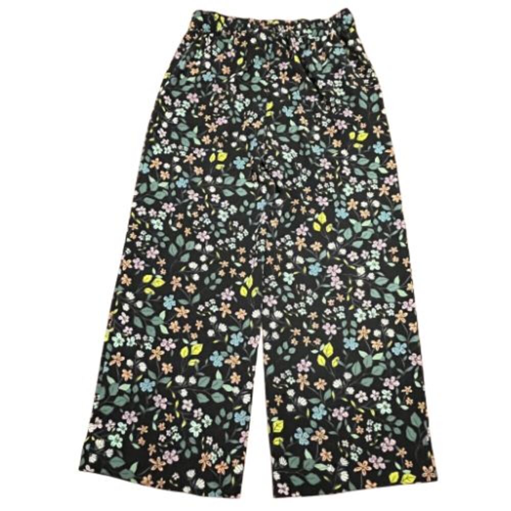 LOFT Black Floral Wide Leg Cropped Pants Women's XS Flowy Flat Front Stretch NWT